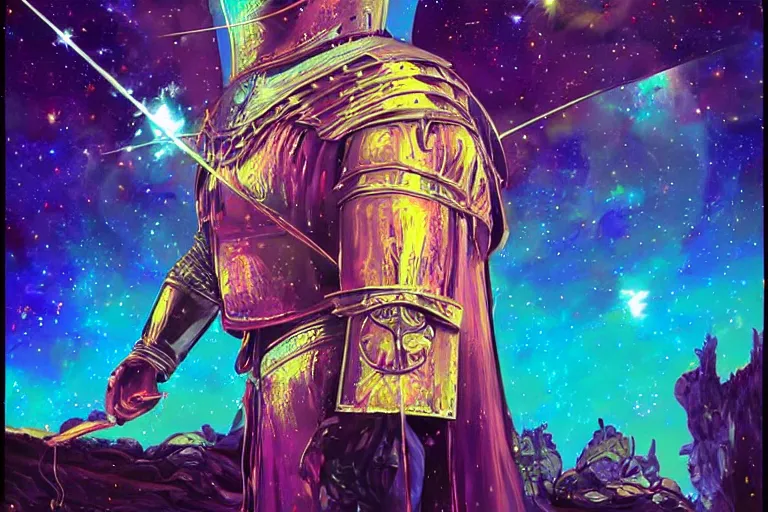 Image similar to digital art of a spiritual medieval knight looking up at the stars, acrylic art, universe, painting, pastel colors, synthwave, retro, cyberpunk,