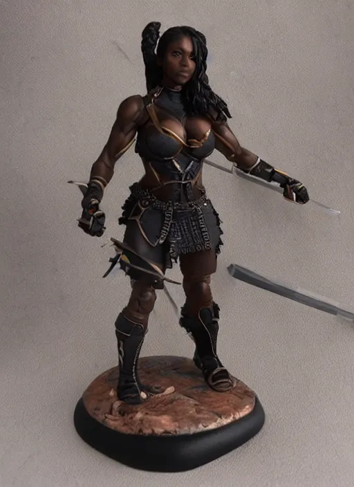 Prompt: 80mm resin detailed miniature of a beautiful muscular black female, clothed in worrier armor, brown skin, short dark hair, beautiful bone structure, symmetrical facial features, Product Introduction Photos, 4K, Full body
