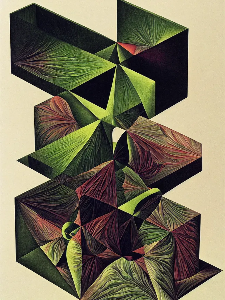 Image similar to hyperrealistic still life portrait of a tesseract, impossible shape, by caravaggio, mc escher, and yosumo okuta, botanical print, surrealism, vivid colors