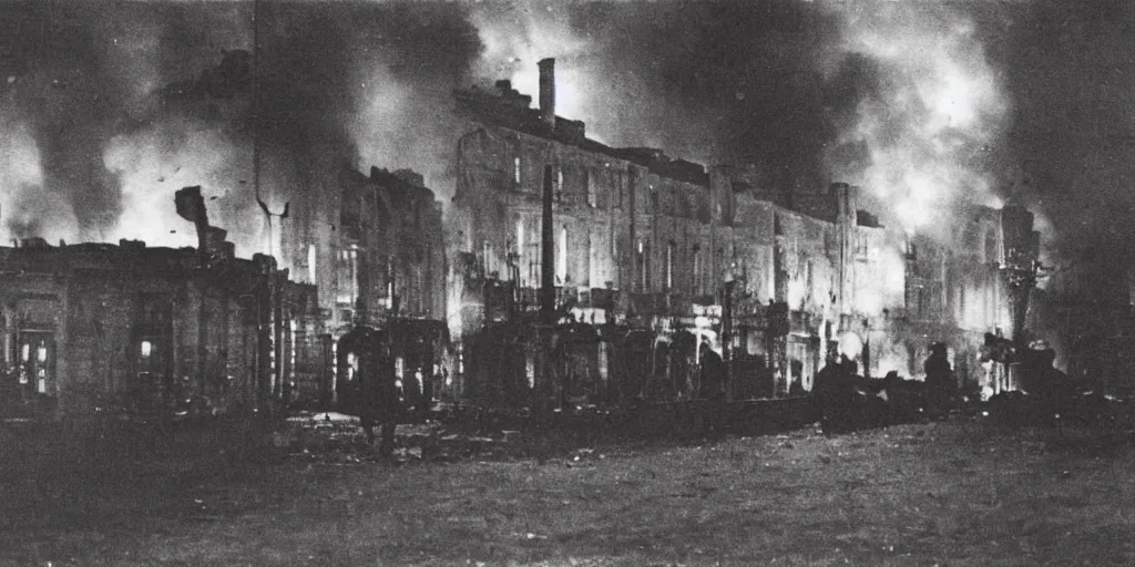 Image similar to a colour photo taken at night of saint - malo street on fire after a bombing in 1 9 4 5