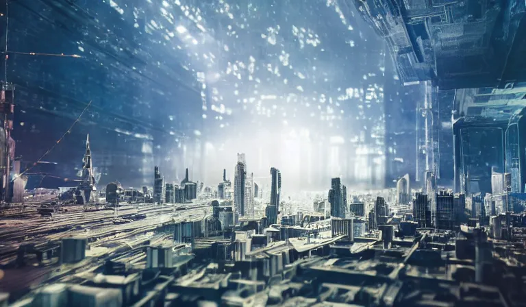 Image similar to big group of people in simple warehouse, looking at hologram of futuristic city on a table, cinematic concept art, godrays, golden hour, natural sunlight, 4 k, clear details, tabletop model buildings, center model buildings, hologram center, crane shot, crane shot, crane shot