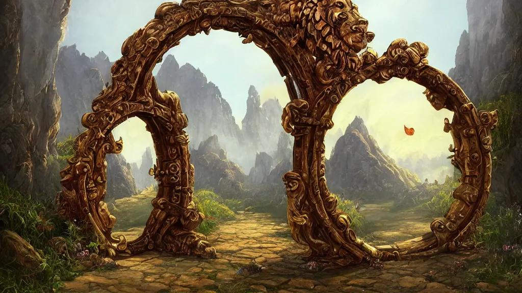 Image similar to A giant medieval fantasy portal gate with a rusty gold carved lion face at the center of it, the portal takes you to another world, full of colorful flowers on the lost Vibes and mountains in the background, spring, delicate fog, sea breeze rises in the air, by andreas rocha and john howe, and Martin Johnson Heade, featured on artstation, featured on behance, golden ratio, ultrawide angle, f32, well composed