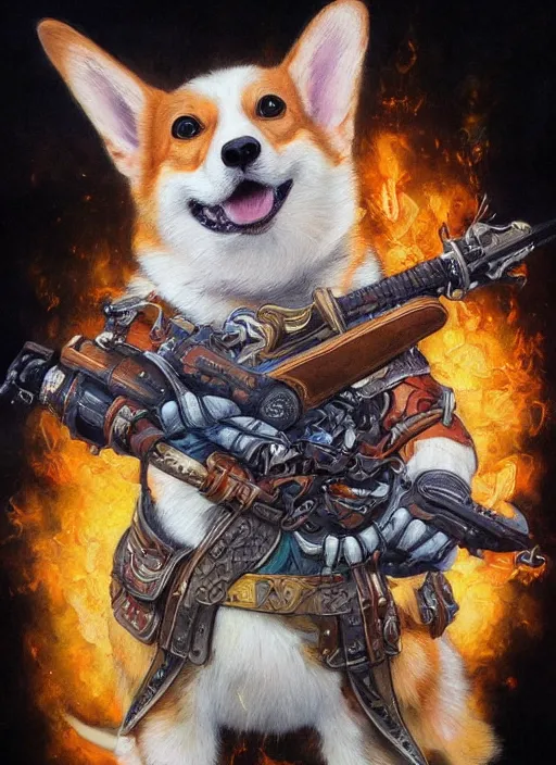 Prompt: beautiful portrait painting of fantasy corgi assassin, by Stephen Hickman and James Gurney and Hiromasa Ogura. Trending on Artstation, 8k, masterpiece, graffiti paint, fine detail, full of color, intricate detail, Golden Ratio illustration