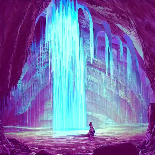 Image similar to a waterfall in the interior of a ancient arabian structure, epic retrowave art, trending on art station