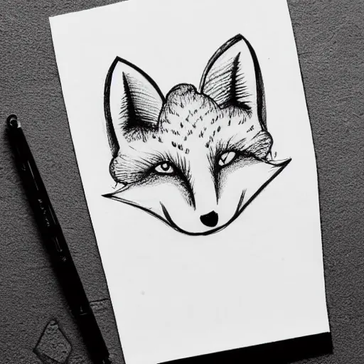 Image similar to a cute fox in the style of the Voynich manuscript outline tattoo design, black ink on white paper