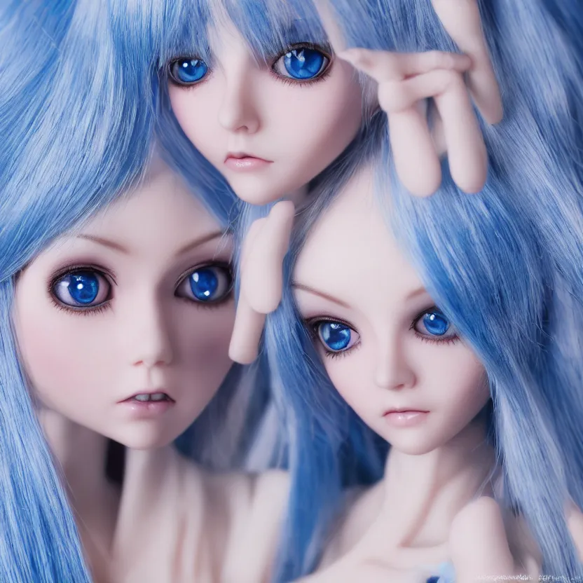 Image similar to dollfie gothic face, profesional studio portrait, blue hair, blue and bright eyes, zoom in, highly detailed