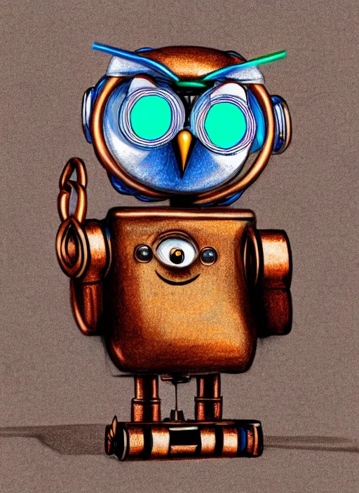 Image similar to colored pencil and pen drawing of an animatronic robot owl, bird made from rusty old keys and padlocks, 4 k photorender realityengine