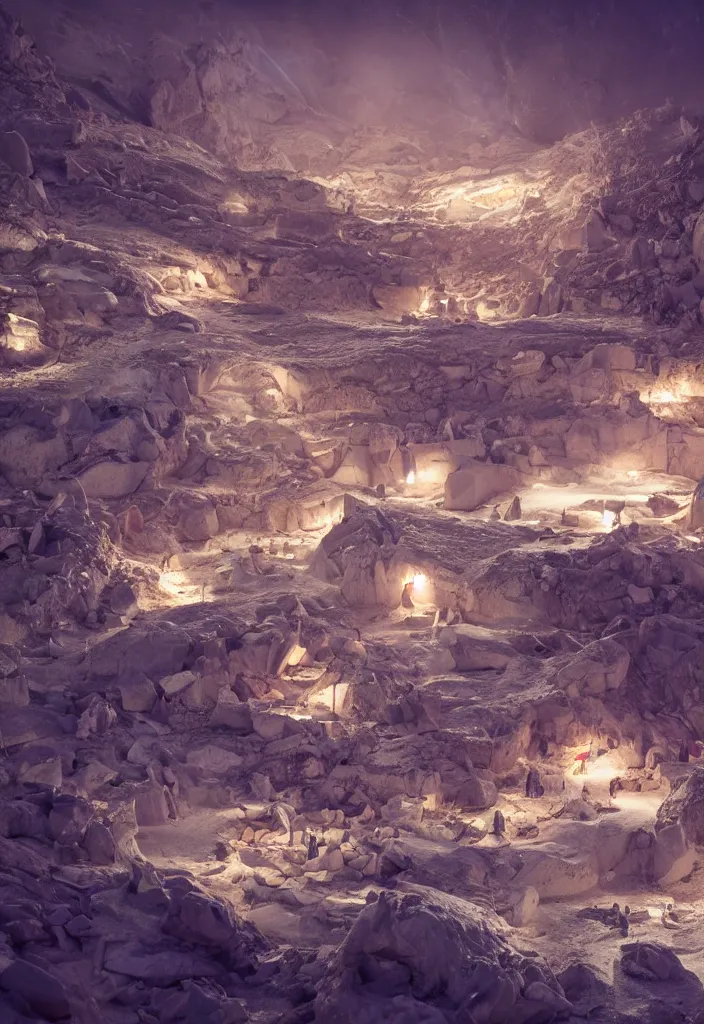 Image similar to A shining underground city in antartica made out of biological iglooss, multiple native people dancing around campfires, facinating and imposing, fantasy digital art, octane render, beautiful composition, trending on artstation, award-winning photograph, masterpiece