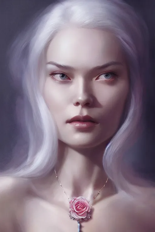 Image similar to dramatic lighting by wlop, stunning portrait female holding crystal white hair, blush, rose necklace, flowing hair, slim face, elegant, terry moore, barclay shaw, karol bak, greg rutkowski