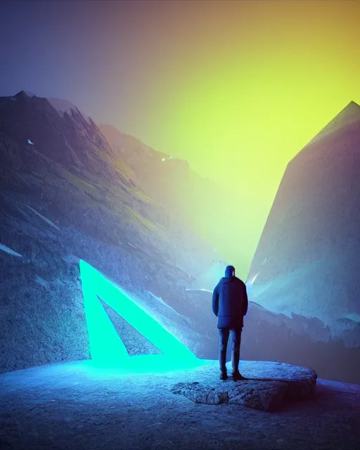 Image similar to a man standing in the middle of a mountain with a glowy neon triangle, a render by filip hodas, behance contest winner, environmental art, rendered in cinema 4 d, volumetric lighting