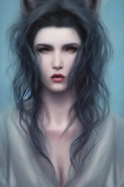 Image similar to portrait of a half woman half wolf, straight on portrait, by artgerm, tom bagshaw, gerald brom, vaporwave colors, lo - fi colors, vaporwave, lo - fi, moody vibe, goth vibe, 4 k, hd,