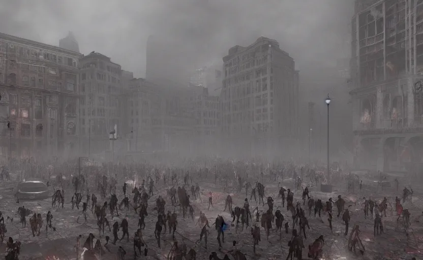 Prompt: Dan Pietro plaza invaded by zombies, epic, mystery, dense fog dusk, highly detailed, cinematic, 8k