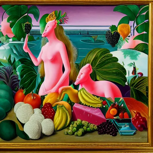 Prompt: a highly detailed oil painting of 2 pink dolphin queens ruling a cheese kingdom surrounded by exotic fruits and plants, surreal, 4 k, trending on art station, in the style of dali, boch, matisse caravaggio, comical