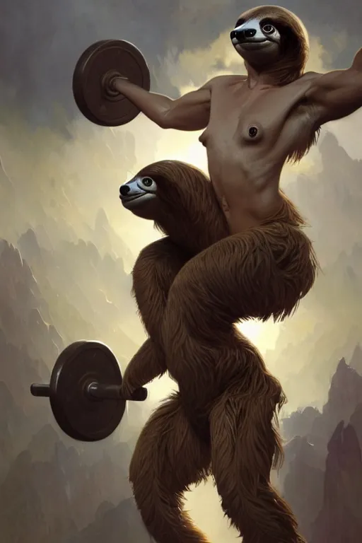 Prompt: anthro sloth lifting weights, dim dingy gym, dynamic pose, fantasy, intricate, elegant, highly detailed, digital painting, artstation, concept art, matte, sharp focus, illustration, art by artgerm and greg rutkowski and alphonse mucha