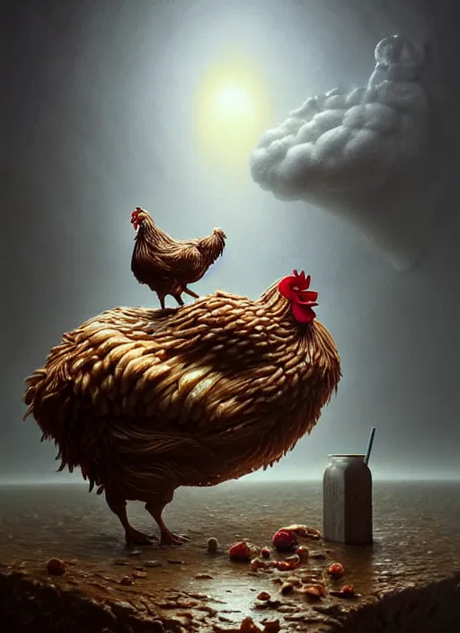 Image similar to a hyper - detailed 3 d render like a oil painting of the 🐔🍧🍼🍄🗿👤🎨, surrealism!!!!! surreal concept art, lifelike, photorealistic, digital painting, aesthetic, smooth, sharp focus, artstation hd, by greg rutkowski, chris tulloch mccabe, valentina remenar and asher duran,