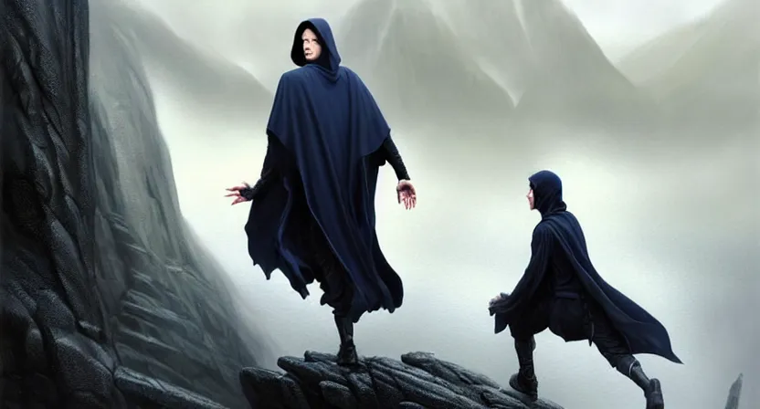 Image similar to handsome mage running away from giant condor, black hair wearing square hooded gothic navy cloak with gold details, misty cliffside, movie action still frame, ultra wide horizon, intricate, elegant, highly detailed, hyperrealism, digital painting, concept art, smooth, sharp, focus, illustration, art by artgerm, greg rutkowski, ilya kuvshinov