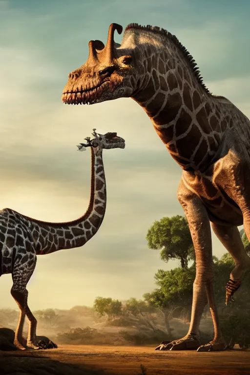 Prompt: a matte painting of a T-Rex with a head of a giraffe, the T-Rex has wings, the T-Rex has a little child, very detailed, 8k
