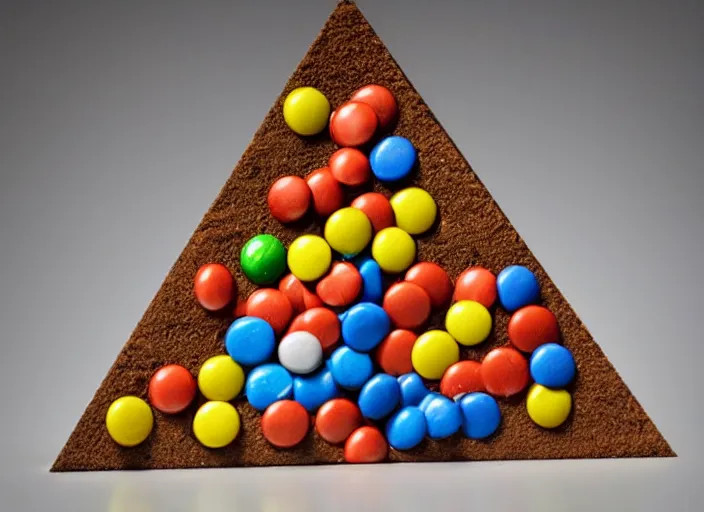 Prompt: broken m&m pieces with caramel ice cream swirl thrown around by centrifugal forces into the shape of a pyramid, museum sculpture, award-winning photo