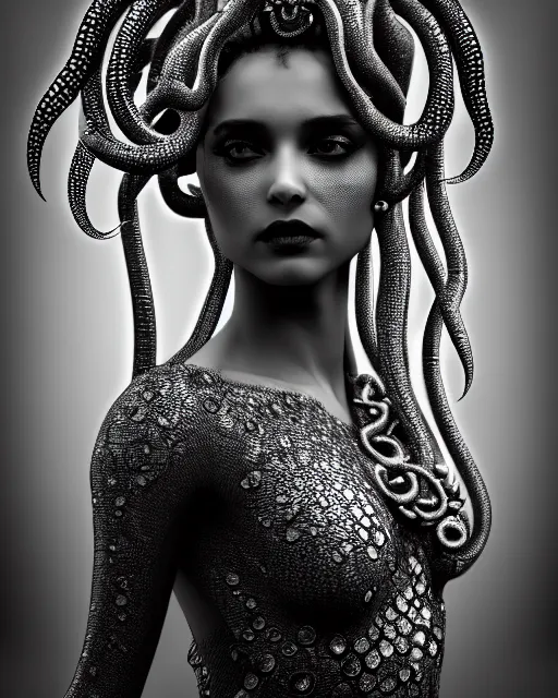 Image similar to surreal mythical dreamy artistic black and white fine art photo of a beautiful young female queen - medusa - cyborg covered with metal fish scales and translucent algae, highly detailed, intricate crystal ivy jelly fish scales ornate, poetic, octane render, 8 k, photo - realistic