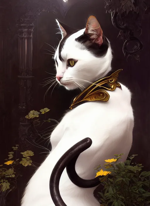 Prompt: cat with tuxedo markings, fantasy, intricate, elegant, hyper detailed, ultra definition, photoreal, artstation, unreal engine rendered, concept art, smooth, sharp focus, illustration, art by artgerm and greg rutkowski and alphonse mucha and garis edelweiss