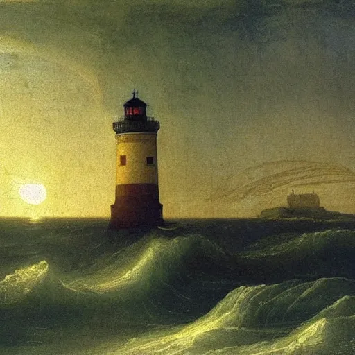 Prompt: a painting of a lighthouse and waves at sunset by Leonardo Da Vinci