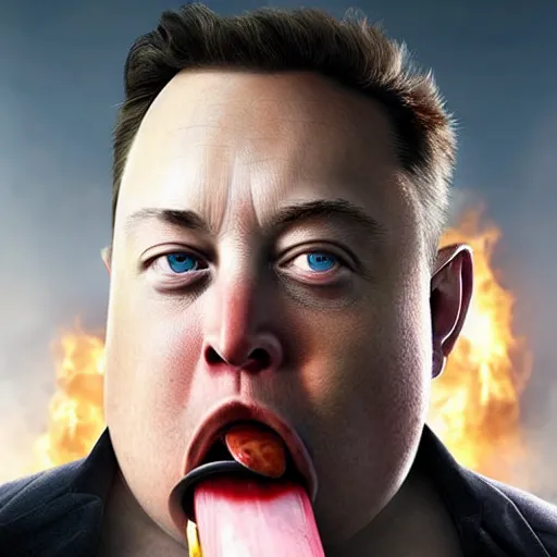 Image similar to stunning award winning hyperrealistic hdr 8 k highly detailed portrait photo of morbidly obese elon musk eating a rocket