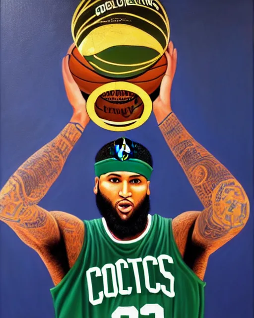 Image similar to portrait of demarcus cousins in boston celtics jersey, holding the larry o'brien trophy, oil on canvas by william sidney mount, champion, inspiring