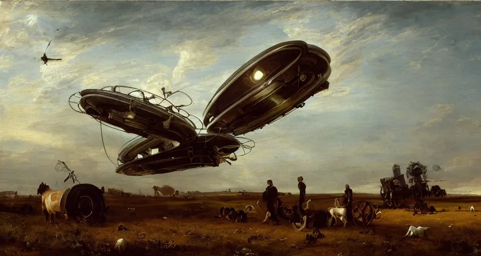 Prompt: Photograph of a UFO spacecraft mothership by Willem Cornelisz Duyster, a gentleman being pulled up in a tractor beam by Thomas Eakins and Franz Xaver Winterhalter in a field of cows, a 1950 rusted Ford Pickup Truck abandoned in the field, wide long view, f/11 aperture, unreal engine, deviant art, flickr, artstation, octane render, textured, colorful, hyperrealistic, physically based rendering, pbr render, very detailed, volumetric lighting, octane render, 4k, cinematic, 8k resolution,