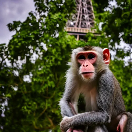 Image similar to high quality portrait of a monkey in front of eiffel tower, studio photograph, photograph, realistic photo, 8k photo, 4k photo, stock photo, high resolution, cinematic shot, high detail