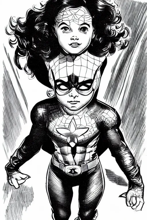 Image similar to a little girl with a mischievous face and light brown curly wavy hair. she is dressed as captain america, spider - man, batman, captain marvel, a superhero. clean elegant painting, beautiful detailed face. by steve ditko and jack kirby and artgerm