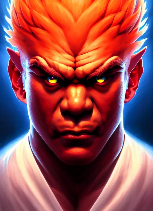 Image similar to symmetry!! portrait of akuma, street fighter, global illumination!! intricate, elegant, highly detailed, digital painting, artstation, concept art, smooth, sharp focus, illustration, art by artgerm and greg rutkowski and alphonse mucha