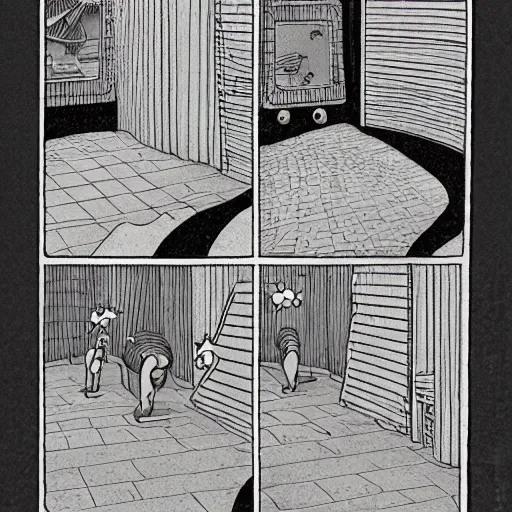 Image similar to dslr of a farside comic person drawn by gary larson, comprehensive 2 d render, perfect symmetry, intricate, masterpiece, grayscale