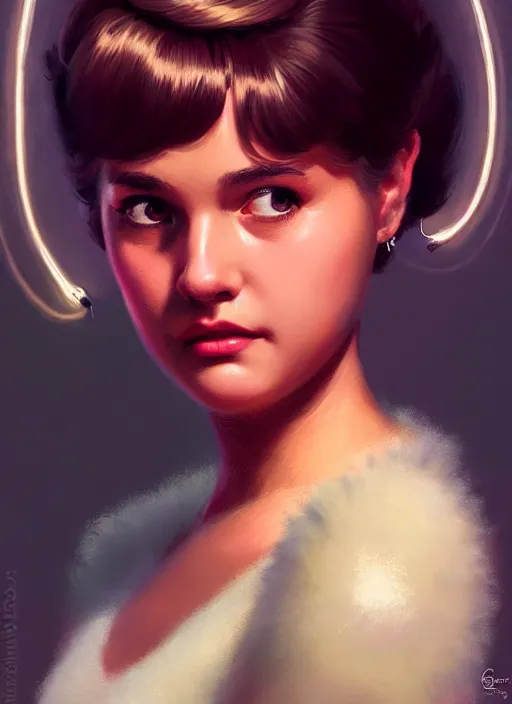 Image similar to portrait of betty cooper with fluffy bangs, bangs, 1 9 6 0 s, ponytail, curly bangs and ponytail, rounder face, intricate, elegant, glowing lights, highly detailed, digital painting, artstation, concept art, smooth, sharp focus, illustration, art by wlop, mars ravelo and greg rutkowski