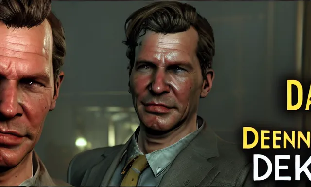 Image similar to ingame dialog talking!!!!!!!!! to dennis!!!!! bateman!!!!! in fallout 5, hd 4 k max settings raytracing