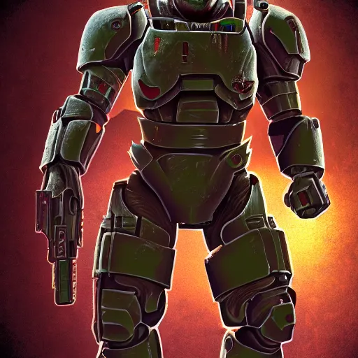 Image similar to portrait of doomguy from game doom, highly detailed, 8 k render centered, digital painting