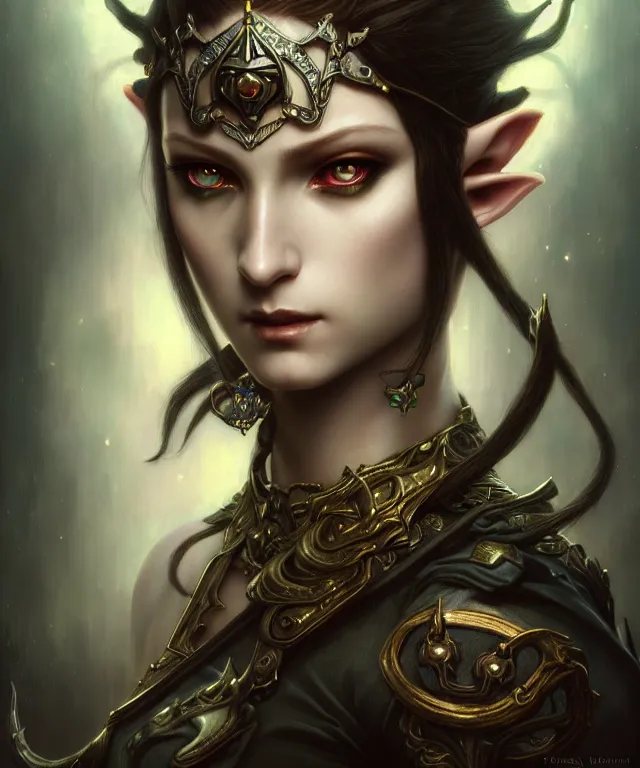 Image similar to dark fantasy, sensual legend of Zelda twilight Princess portrait, dark surrealist , fantasy, intricate, elegant, highly detailed, digital painting, artstation, concept art, smooth, sharp focus, illustration, art by Tom Bagshaw, artgerm and greg rutkowski and alphonse mucha