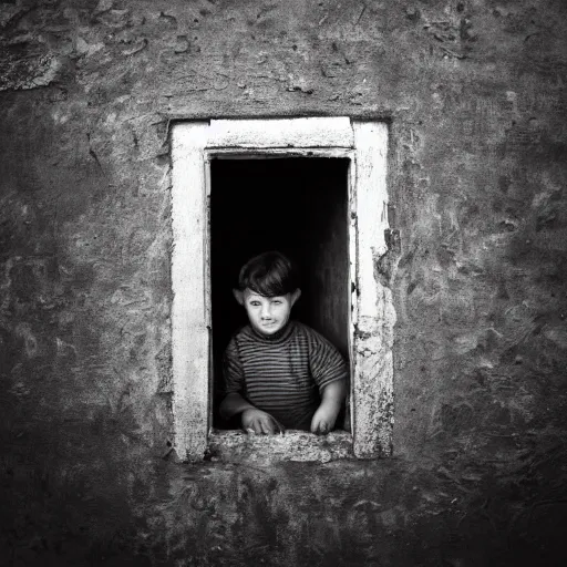 Image similar to creepy child standing behind a window of an old villa. 1 9 2 0 s black and white photo. wide shot. eerie, foggy.