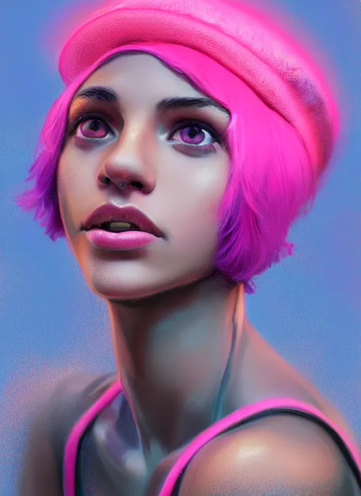 Image similar to portrait of teenage vanessa morgan with bright pink hair, black girl, curly pixie cut hair, wearing newsboy cap, pink short haircut, newsboy cap, hoop earrings, blue eyes, intricate, elegant, glowing lights, highly detailed, digital painting, artstation, concept art, smooth, sharp focus, illustration, art by wlop, mars ravelo and greg rutkowski