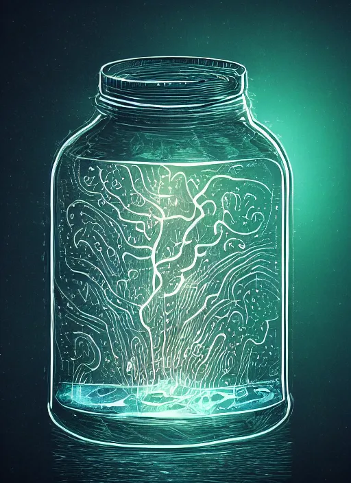 Prompt: bioluminescent neurons floating jar of glass with a dramatic turbulent ocean, concept artists, backlit, intricate, indie studio, fantasy, rim lighting, vibrant colors, emotional, sketch, fantastical, whimsical, noise, stippling