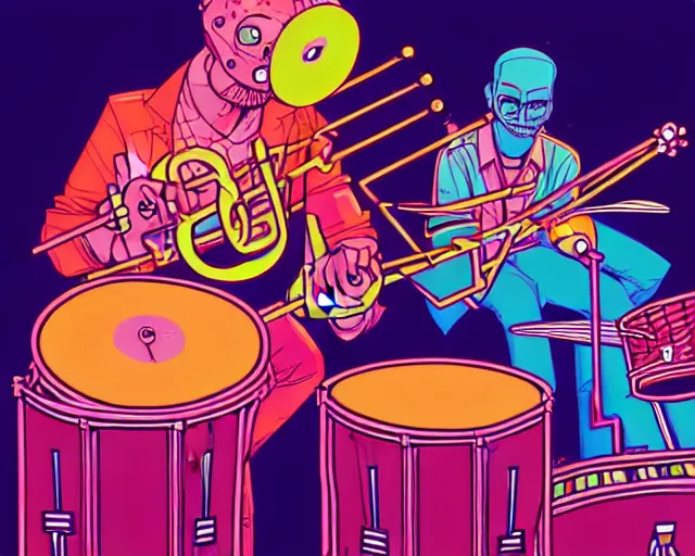 Image similar to a study of cell shaded cartoon of a two man band playing a synthesizer and drums, loud colors, post grunge, concept art by josan gonzales and wlop, by james jean, Victo ngai, David Rubín, Mike Mignola, Laurie Greasley, highly detailed, sharp focus, Trending on Artstation, HQ, deviantart, art by artgem