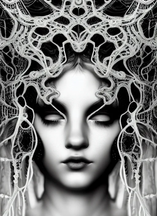 Image similar to surreal mythical dreamy dark artistic black and white fine art photo of a beautiful young female medusa - cyborg covered with lace fish scales and translucent algae, highly detailed, intricate crystal ivy jelly fish scales ornate, lace web, poetic, octane render, 8 k, photo - realistic, by man ray
