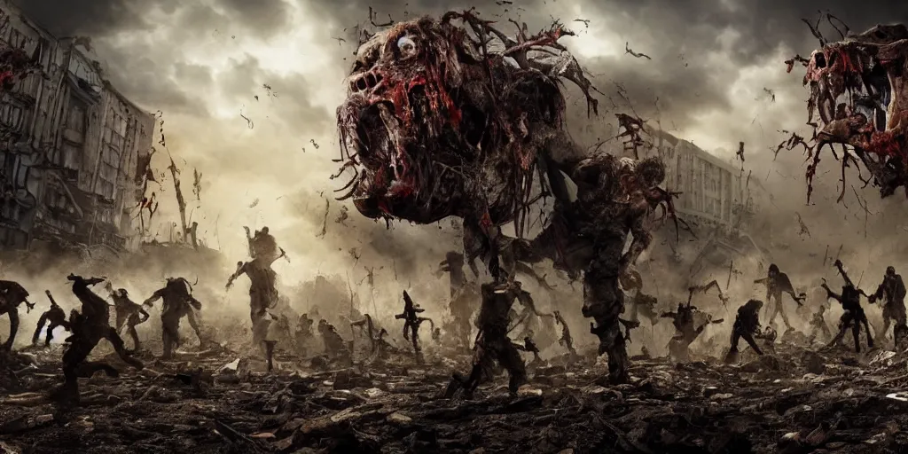 Image similar to epic battle scene of zombies, post-apocalyptic, post-human, Epic Background, highly detailed, sharp focus, 8k, 35mm, cinematic lighting