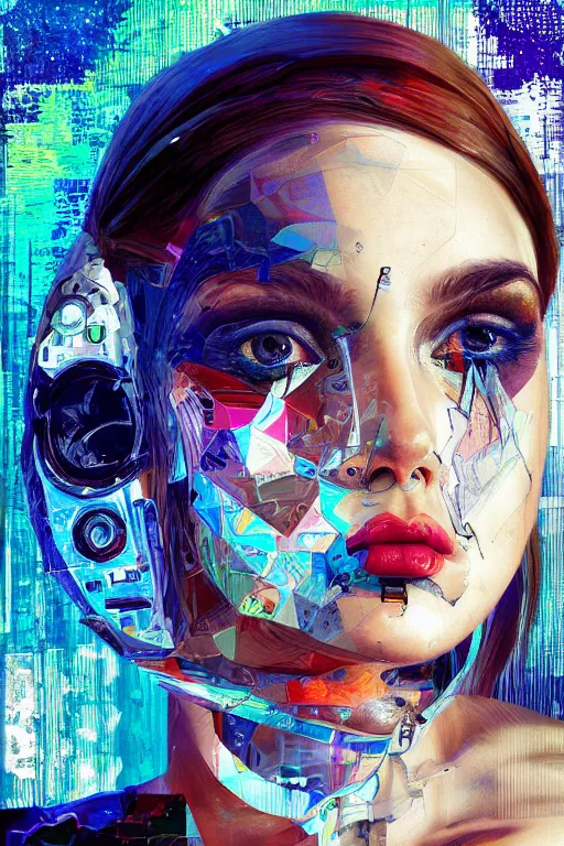 Prompt: photorealism oil painting, portrait of cyborg glitch fashion model with beautiful eyes, black scarf, ocean glitch background mixed with generative art from artblock, in style of classicism mixed with 8 0 s japanese sci - fi books art