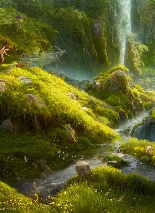 Image similar to a flying fairy in the distance of a lord of the rings scenery landscape, a vast lush valley flowers and wood structures, stream, sunrise, god's rays highly detailed, vivid color, cinematic lighting, cosmic, perfect composition, 8 k, gustave dore, derek zabrocki, greg rutkowski, belsinski, octane render
