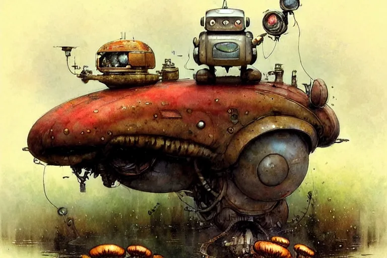 Image similar to adventurer ( ( ( ( ( 1 9 5 0 s retro future robot fat mouse amphibious vehical home. muted colors. swamp mushrooms ) ) ) ) ) by jean baptiste monge!!!!!!!!!!!!!!!!!!!!!!!!! chrome red