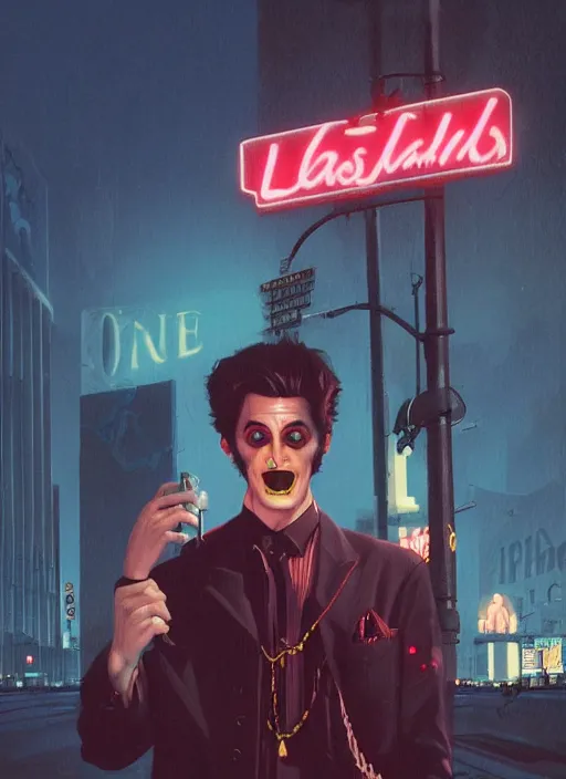 Image similar to 35mm kodak portra portrait a vampire on the Las Vegas strip at night by tomer hanuka and tom bagshaw, handsome face, hyper realism, high detail, octane render, 8k, trending on artstation, CGsociety, concept art