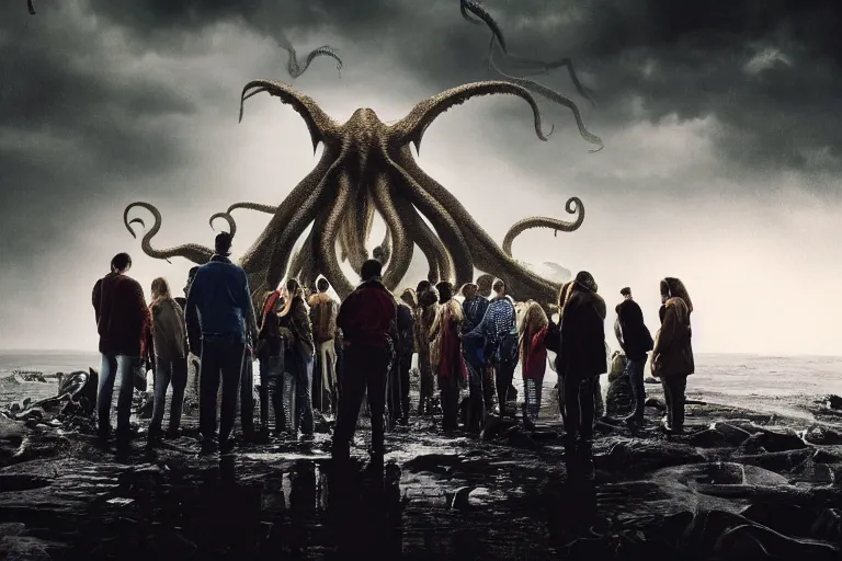 Image similar to photo of people gathering around cthulhu, horror atmosphere, fear, mystery, dramatic, 8 k uhd