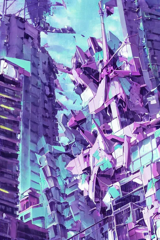 Prompt: ! dream evangelion unit 0 1 pallete, zoom shot, telephoto lens, low aperture street level, buildings collapsed