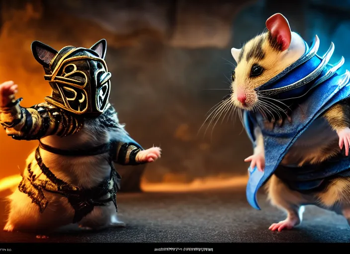 Image similar to hamster dressed as sub zero fights a cat dressed as scorpion in mortal kombat on the background of a laughing shao khan. fantasy magic style. highly detailed 8 k. intricate. lifelike. soft light. sony a 7 r iv 5 5 mm. unreal engine with nanite and path tracing