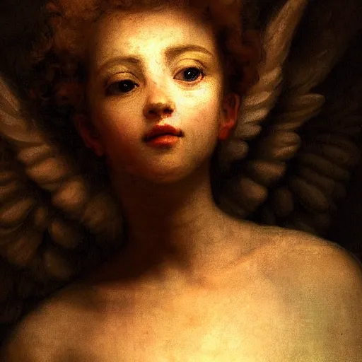 Prompt: of a portrait of a guardian angel with the focus on the face with a subtle joyful facial expressions, Neo classical art fused with neo cyberpunk technological aesthetics. low key light, Rembrandt lighting